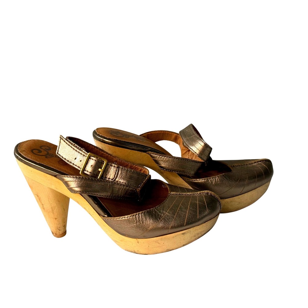 Seychelles Metallic Bronze Leather Wooden Platform Clog Mary Jane Heels Size 8